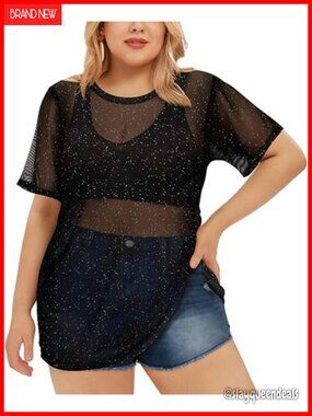Plus Size Mesh Top Short Sleeve Sheer Fishnet Shirt Blouse Tunic